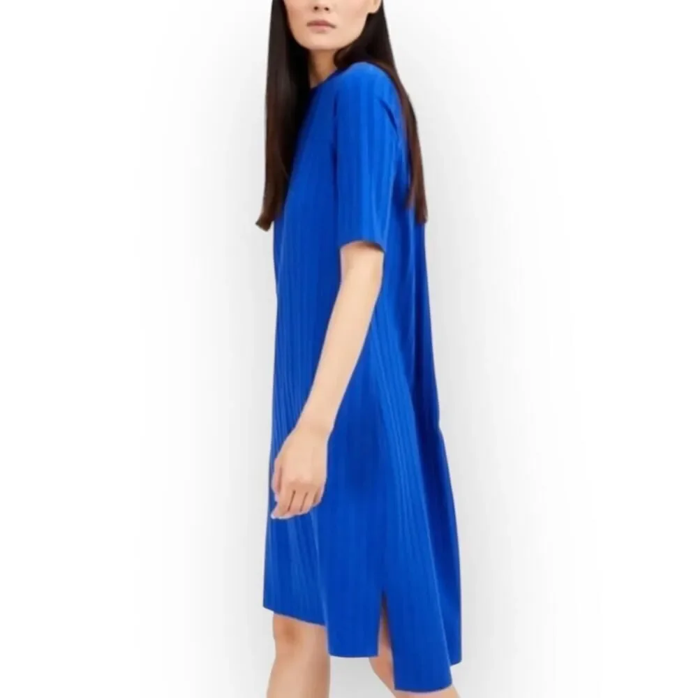 Eileen Fisher High-Low Dress Women's Large Blue Wide Rib Stretch Mock Neck